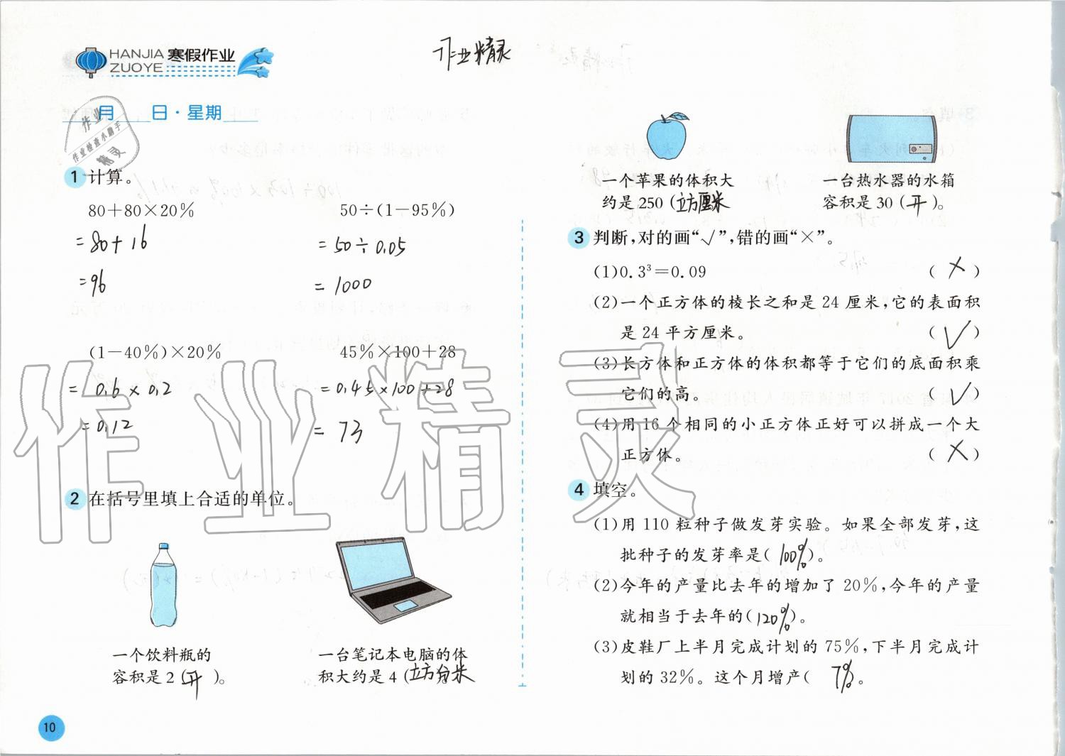 2020年寒假作業(yè)六年級數(shù)學(xué)蘇教版安徽少年兒童出版社 第10頁