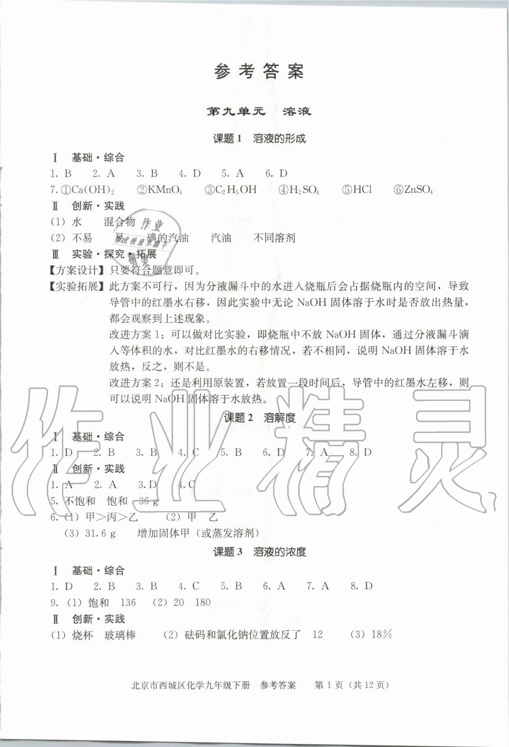 2020年学习探究诊断九年级化学下册人教版 第1页