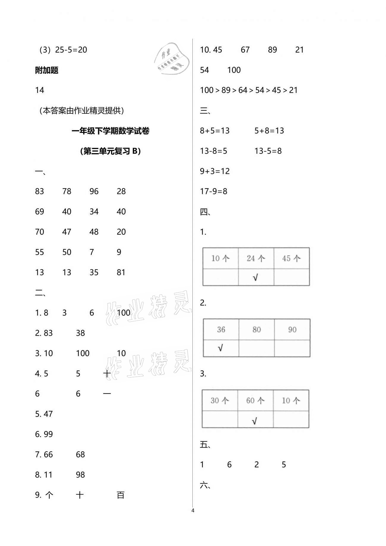 2020年练习与测试强化拓展卷小学数学一年级下册苏教版 参考答案第4页