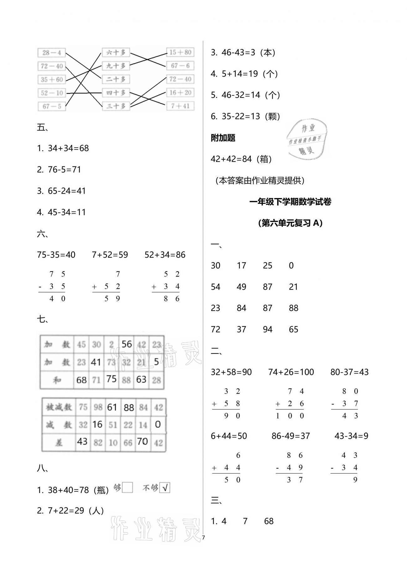 2020年练习与测试强化拓展卷小学数学一年级下册苏教版 参考答案第7页