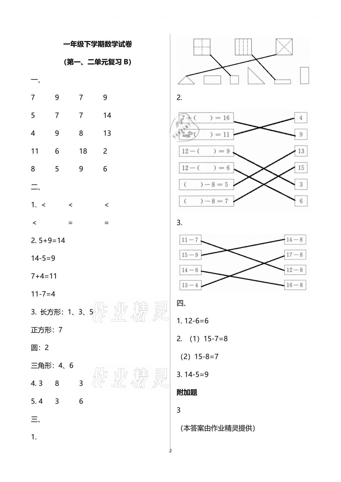 2020年练习与测试强化拓展卷小学数学一年级下册苏教版 参考答案第2页