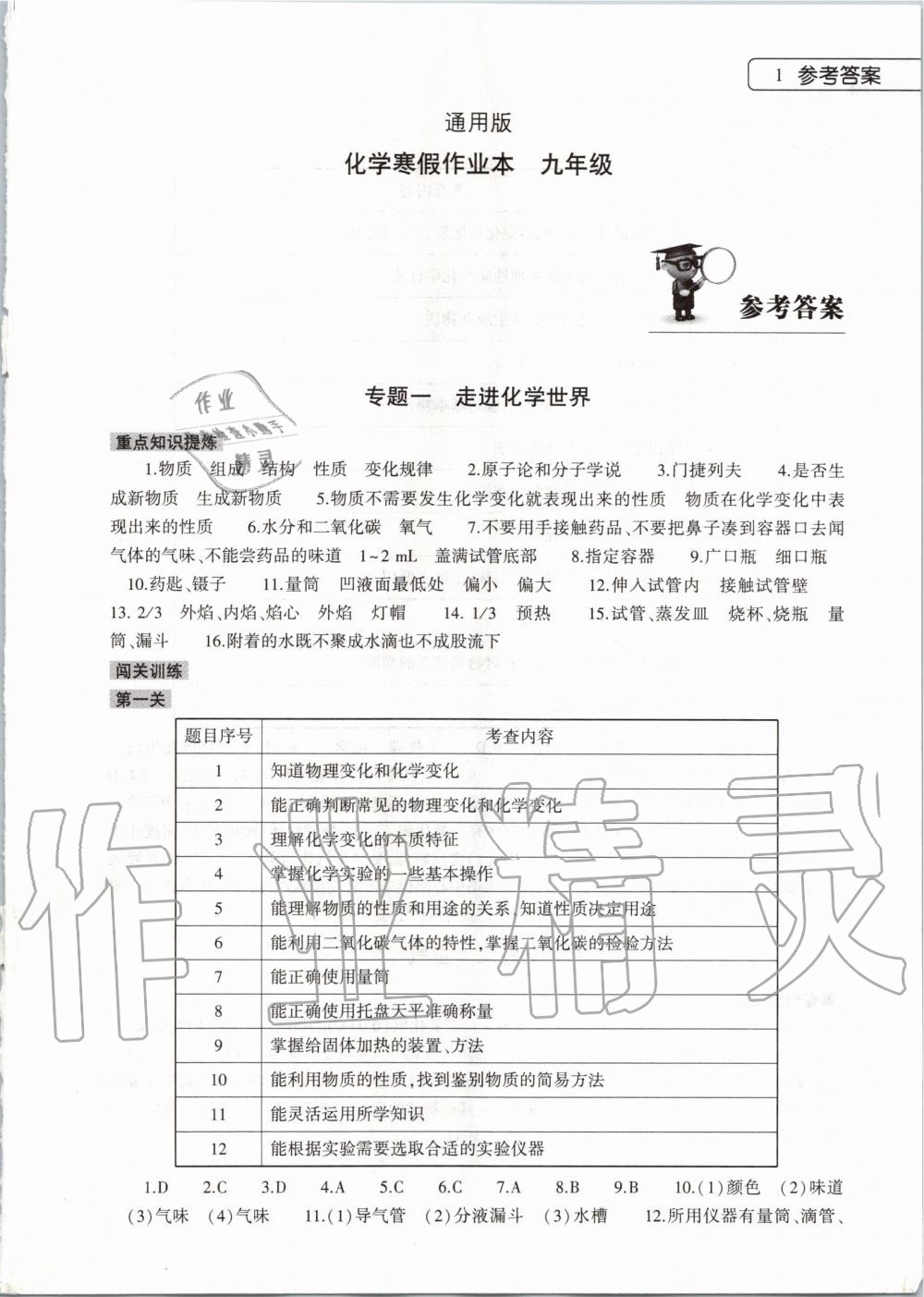 2020年化学寒假作业本九年级通用版大象出版社 第1页