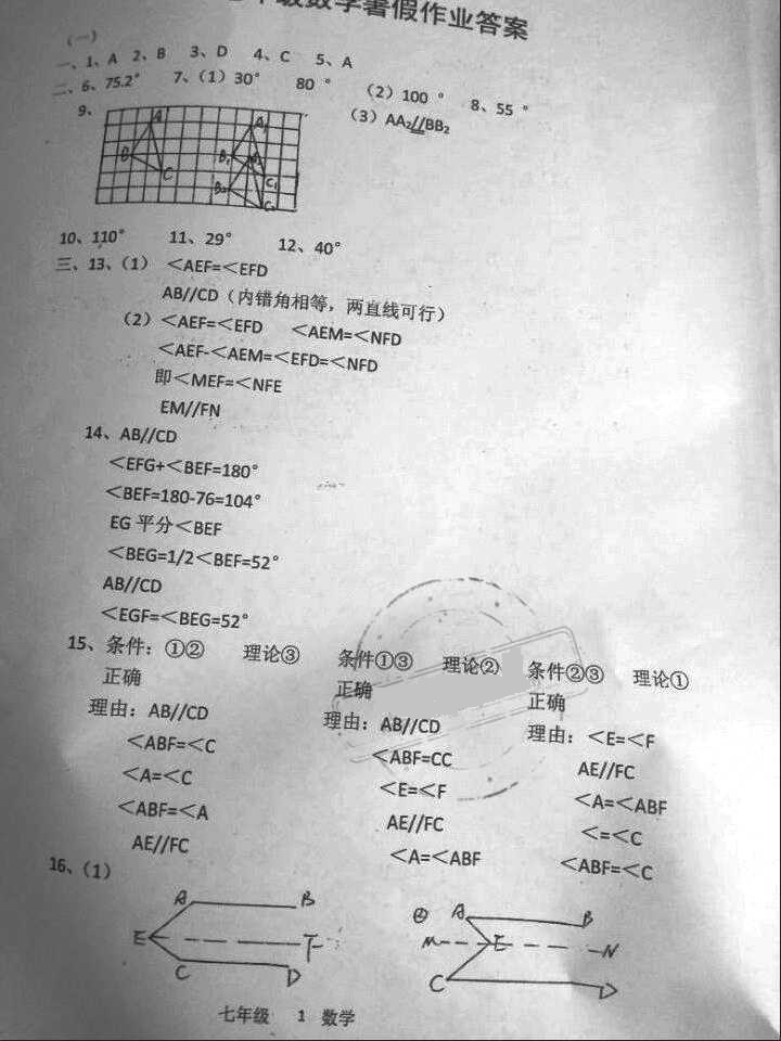 2016年蓝色时光暑假作业七年级合订本江苏凤凰科学技术出版社 参考答案第10页