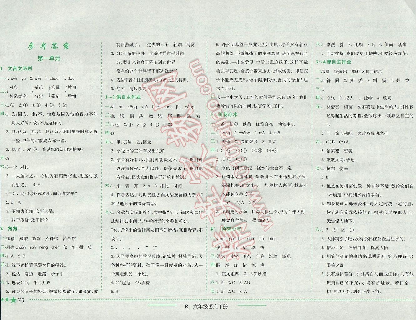 2017年黄冈小状元作业本六年级语文下册人教版江西专版 参考答案第1页