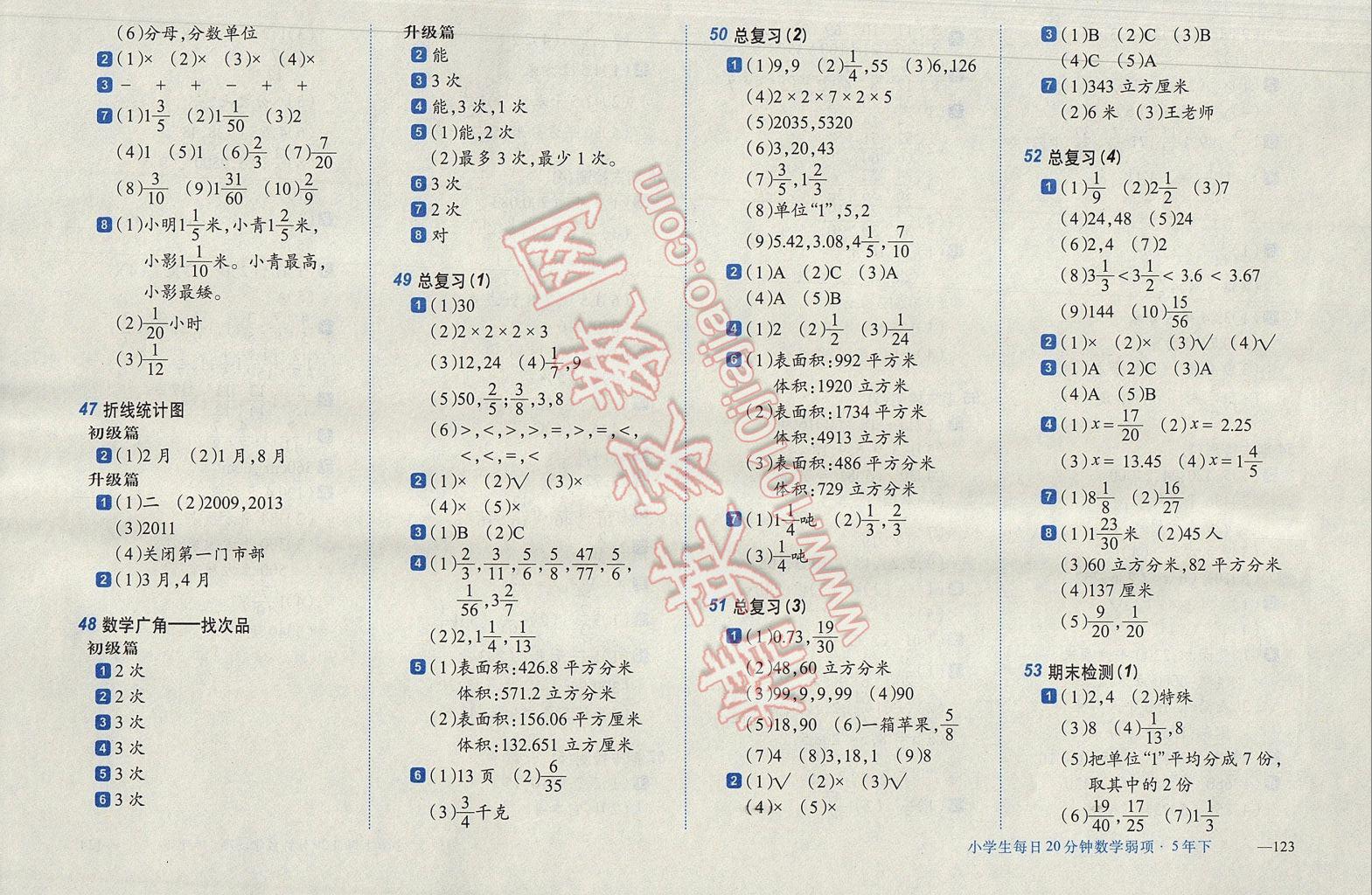 2017年小學(xué)生每日20分鐘數(shù)學(xué)弱項(xiàng)五年級(jí)下冊(cè) 參考答案第9頁(yè)