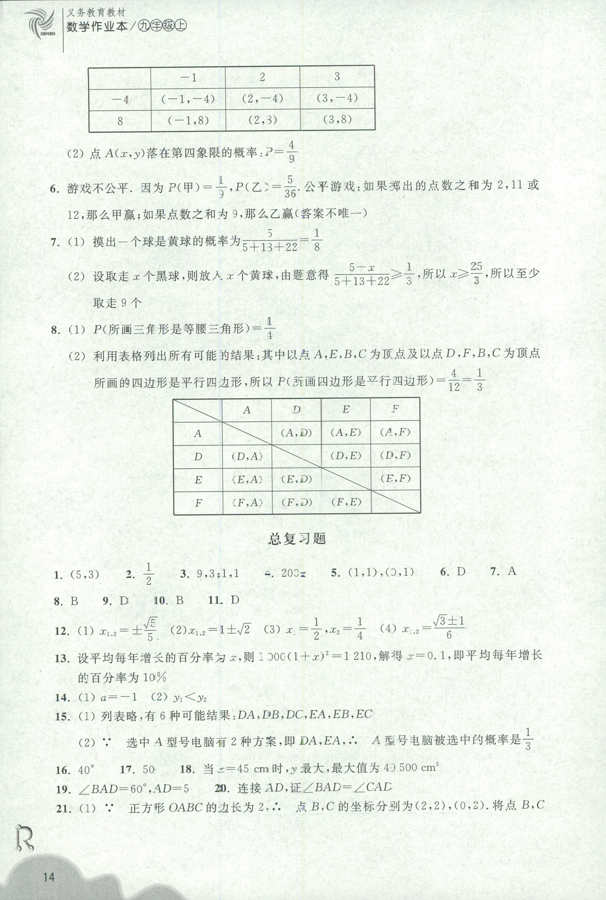 2018年作業(yè)本九年級數(shù)學上冊人教版浙江教育出版社 第14頁