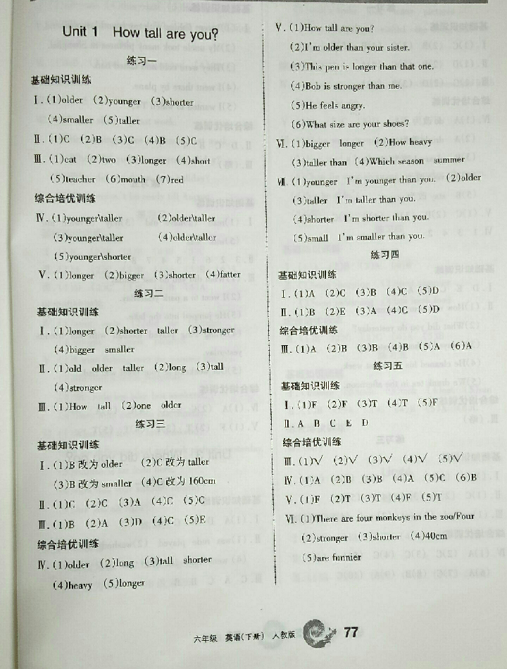 2018年新编学习之友六年级英语下册人教版三起 参考答案第6页