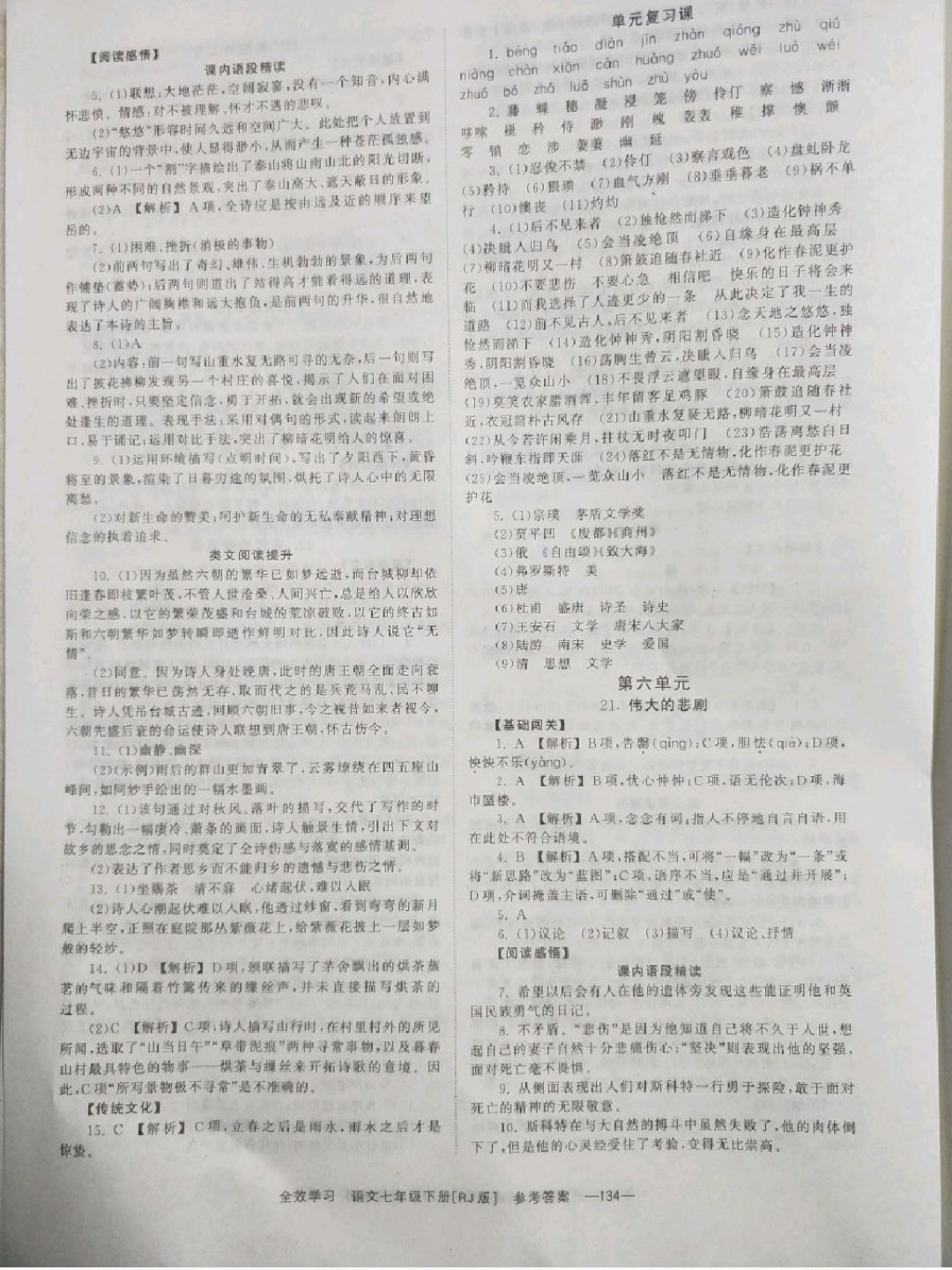 2018年全效學(xué)習(xí)同步學(xué)練測(cè)七年級(jí)語(yǔ)文下冊(cè)人教版 參考答案第9頁(yè)