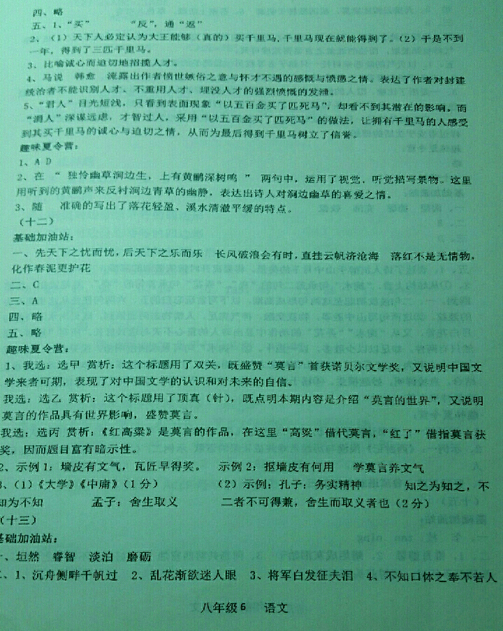 2018年蓝色时光暑假作业八年级合订本江苏凤凰科学技术出版社 参考答案第6页