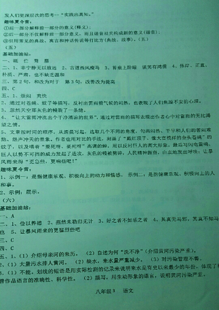 2018年蓝色时光暑假作业八年级合订本江苏凤凰科学技术出版社 参考答案第3页