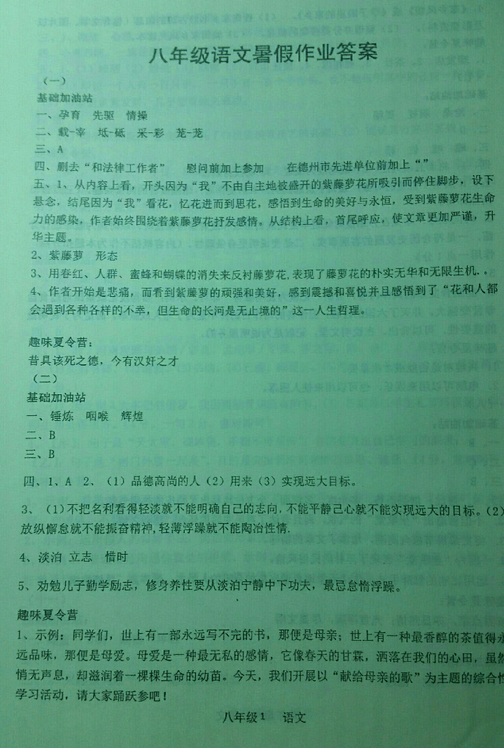 2018年蓝色时光暑假作业八年级合订本江苏凤凰科学技术出版社 参考答案第1页