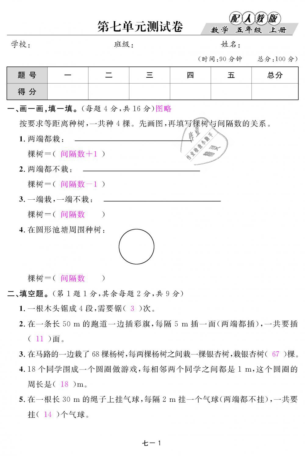 2018年領(lǐng)航新課標(biāo)練習(xí)冊五年級數(shù)學(xué)上冊人教版 第91頁