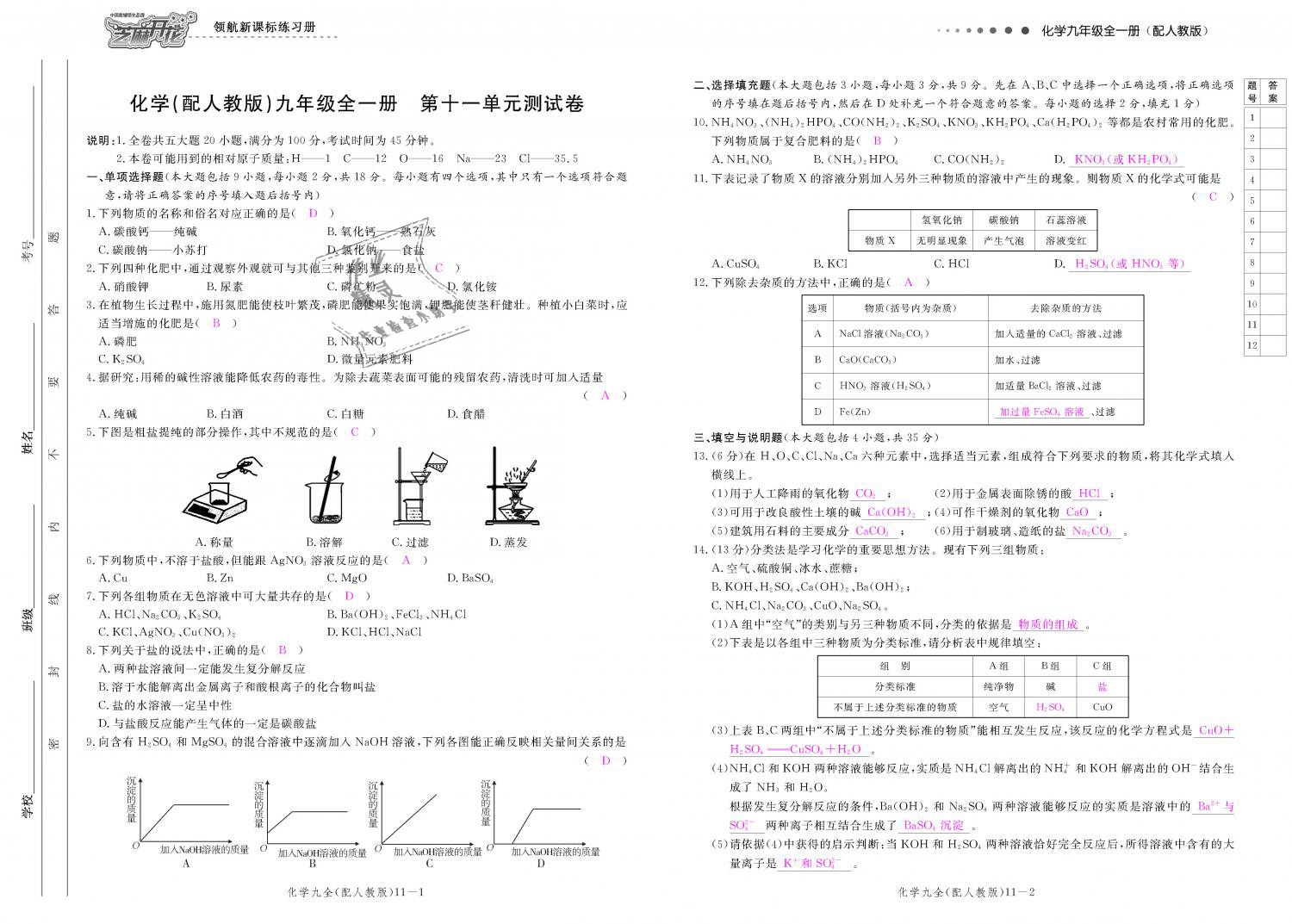 2018年領(lǐng)航新課標(biāo)練習(xí)冊九年級化學(xué)全一冊人教版 第161頁