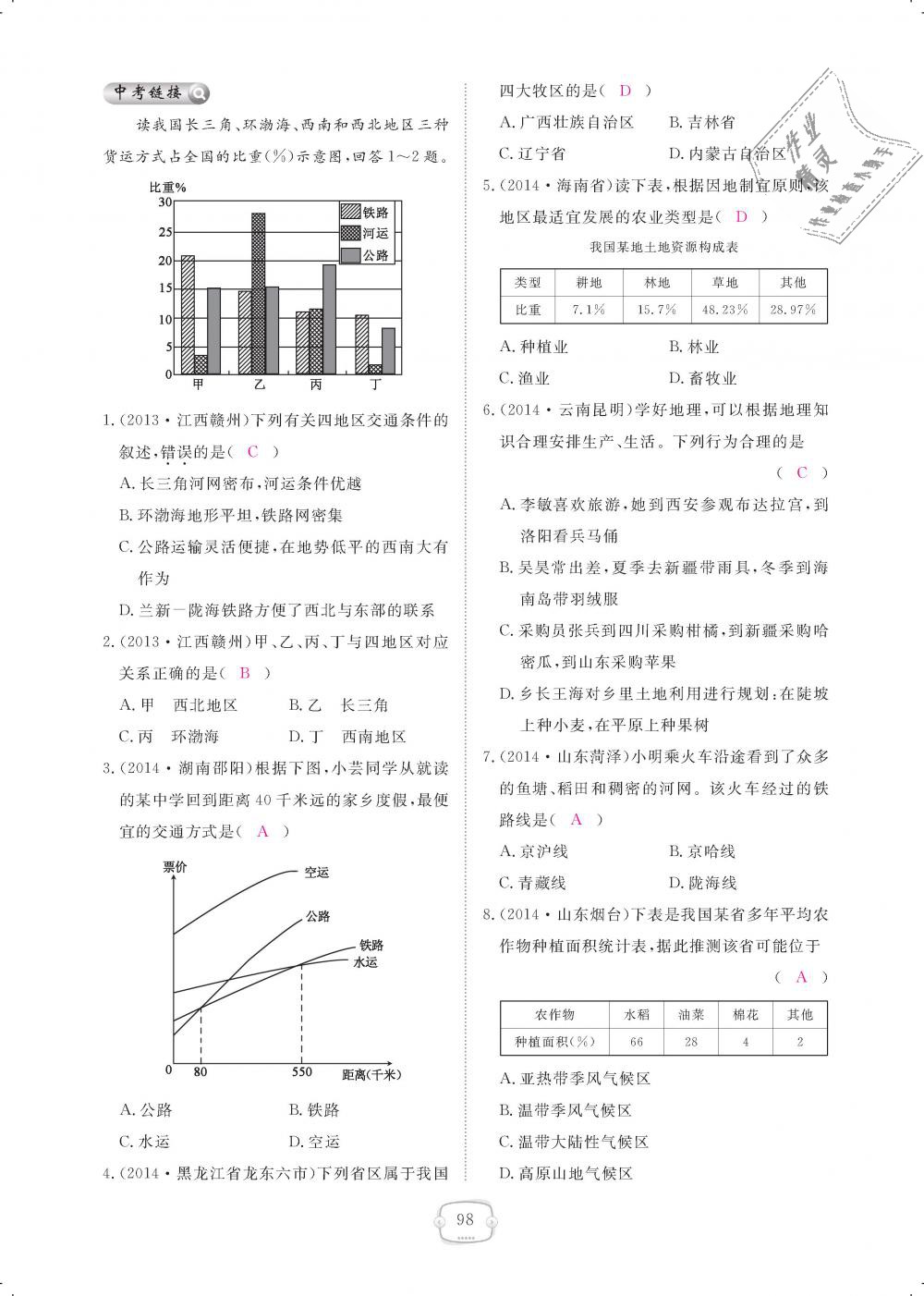 2018年領(lǐng)航新課標(biāo)練習(xí)冊八年級地理上冊人教版 第98頁