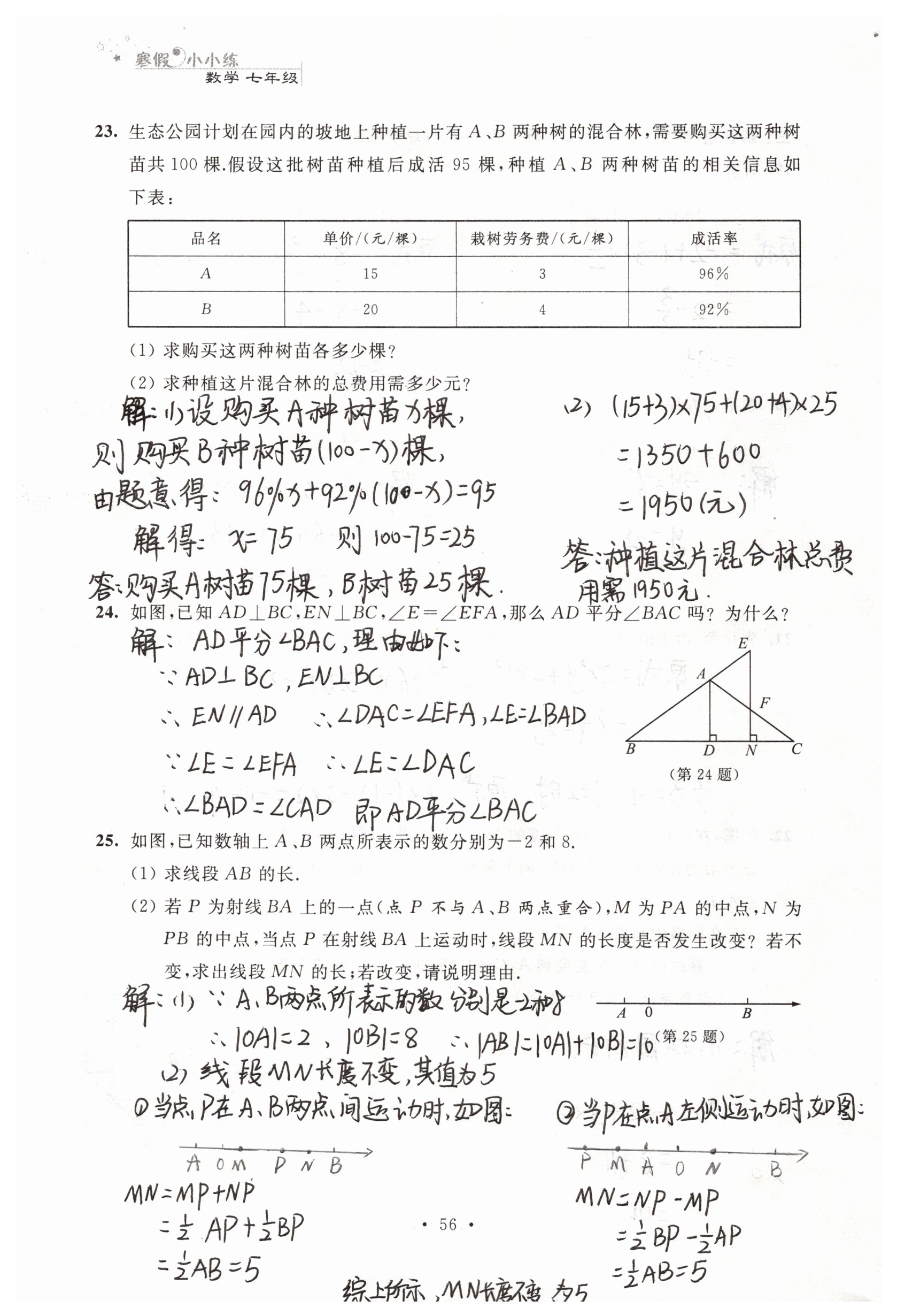 2019年寒假小小练寒假作业七年级语文数学英语合订本 参考答案第16页