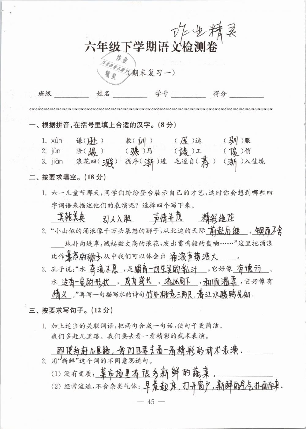 2019年練習(xí)與測(cè)試檢測(cè)卷小學(xué)語文六年級(jí)下冊(cè)蘇教版 第45頁