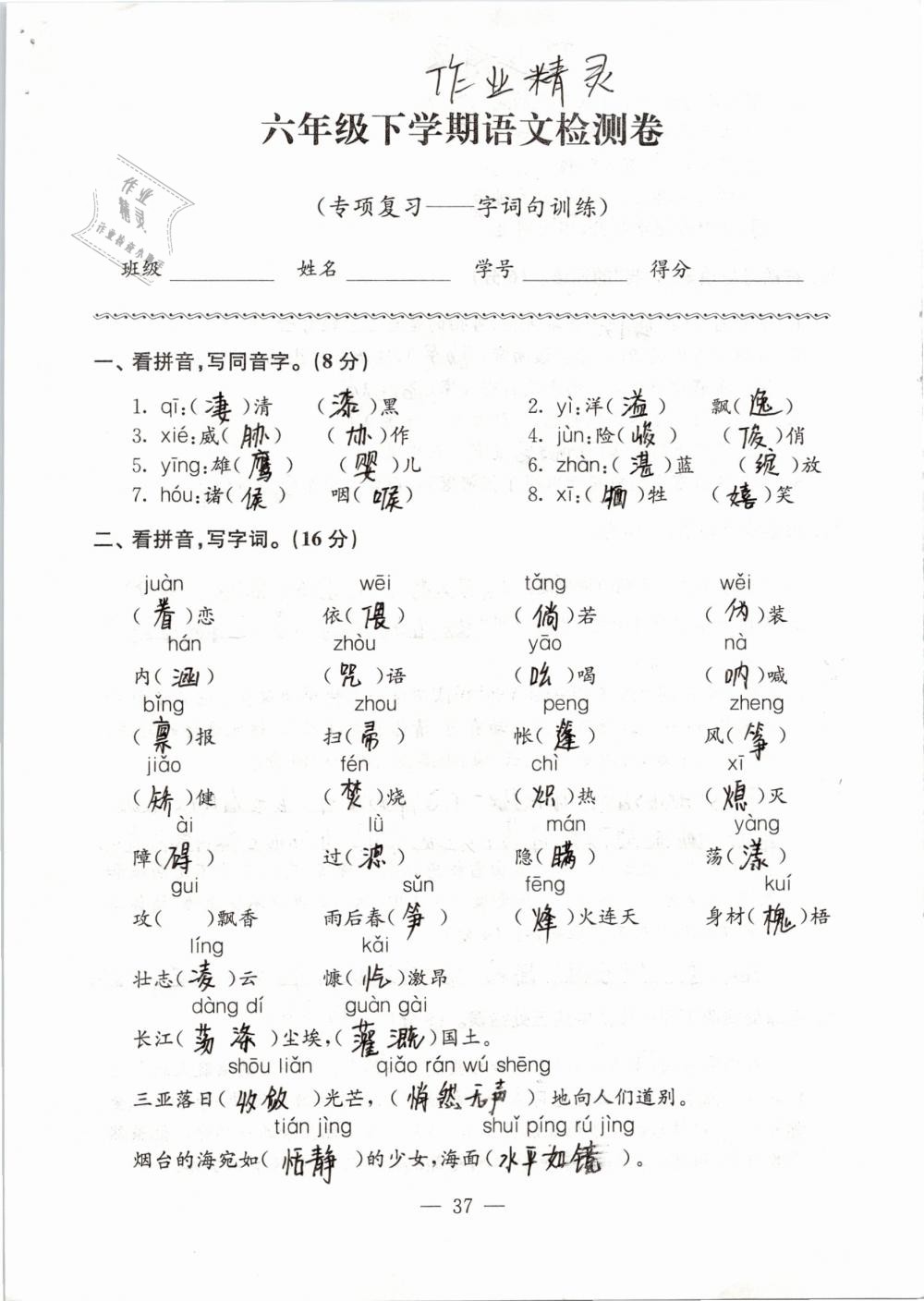 2019年練習(xí)與測試檢測卷小學(xué)語文六年級下冊蘇教版 第37頁