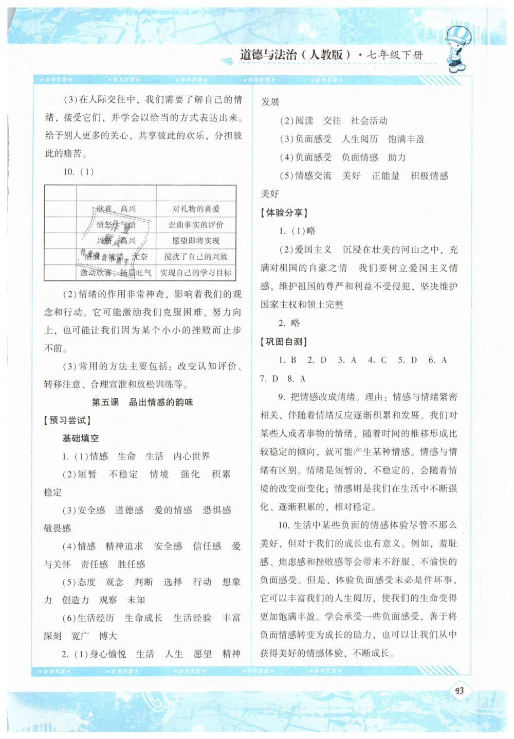 2019課程基礎訓練七年級道德與法治下冊人教版湖南少年兒童出版社 參考答案第4頁