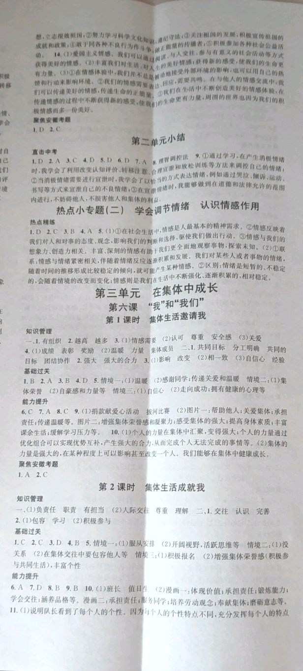 2019名校課堂七年級(jí)道德與法治下冊(cè)安徽專版 參考答案第5頁