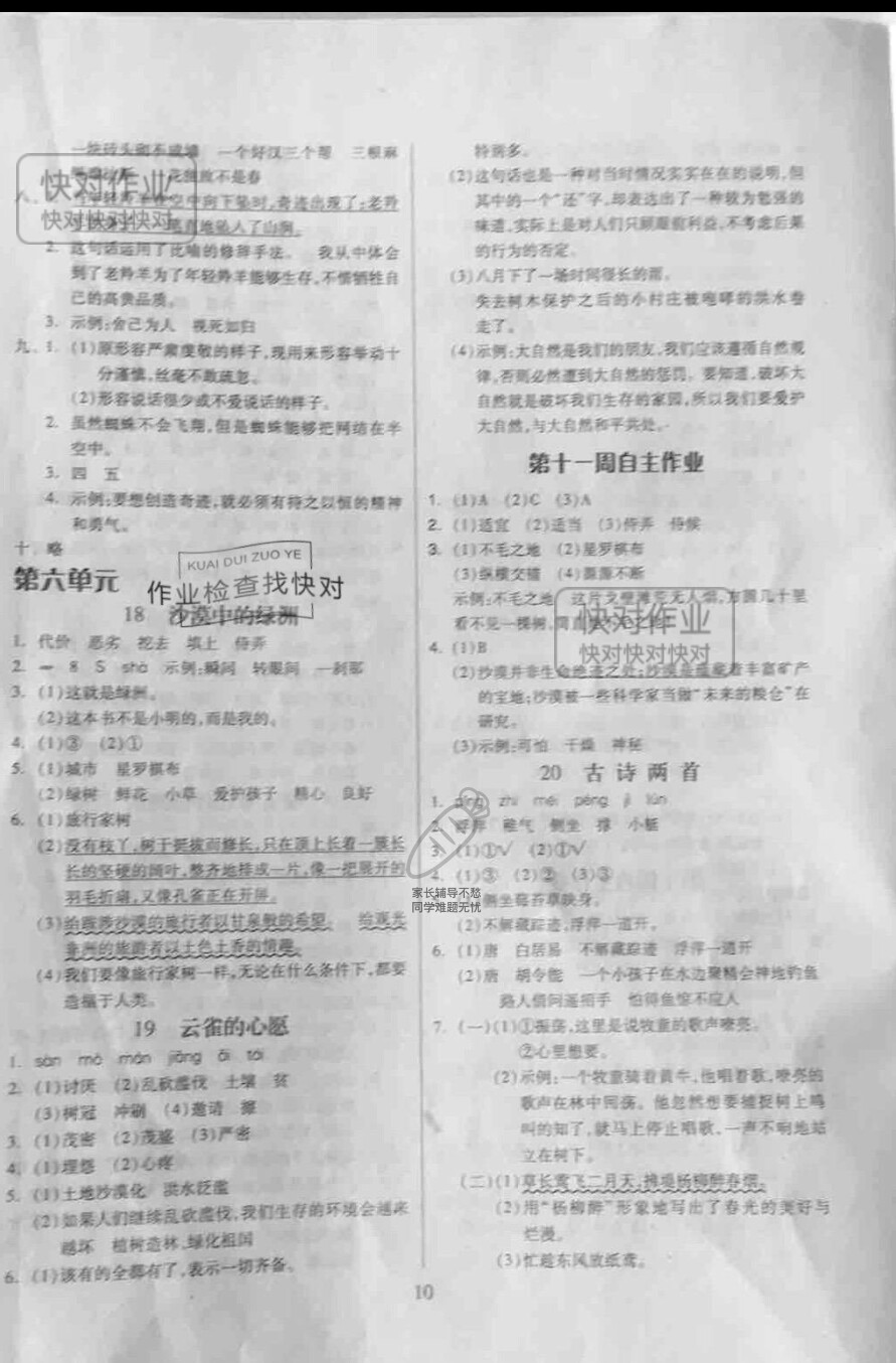 2019新思維伴你學(xué)四年級(jí)語文下冊人教版 參考答案第10頁