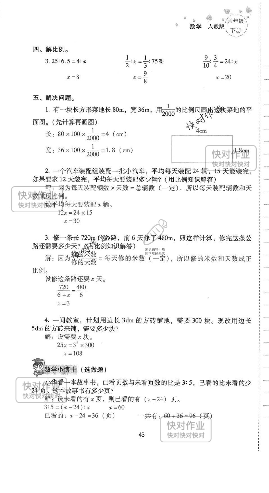 2019云南省同步指導(dǎo)訓(xùn)練與檢測六年級數(shù)學(xué)下冊人教版 參考答案第42頁