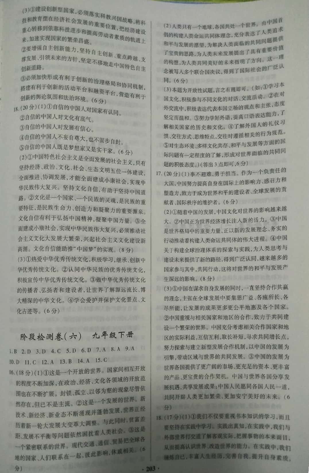 2019高效复习新疆中考道德与法治一本全九年级道德与法治人教版 参考答案第15页