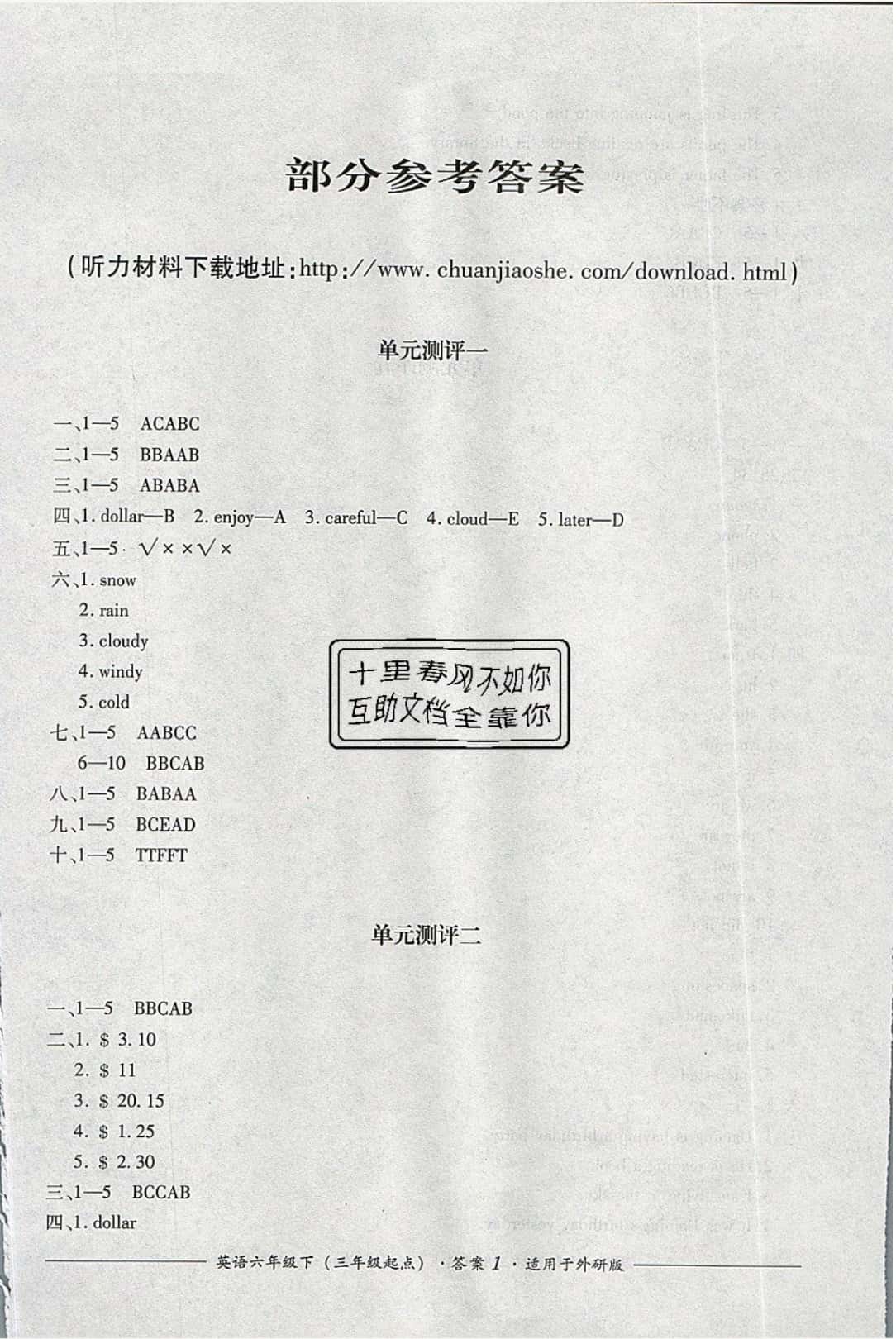 2019年單元測(cè)評(píng)六年級(jí)英語(yǔ)下冊(cè)外研版三起四川教育出版社 參考答案第1頁(yè)