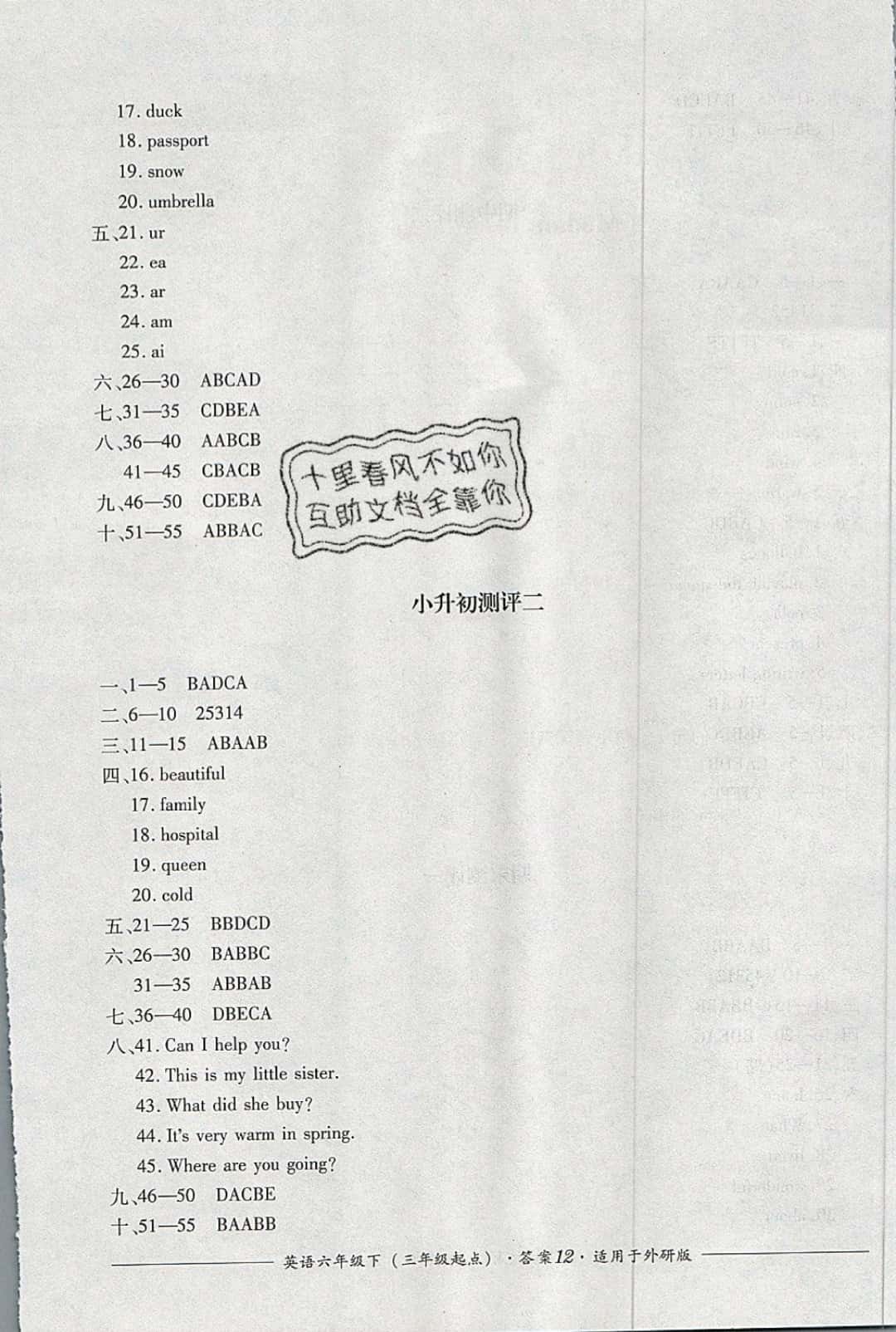 2019年單元測評六年級英語下冊外研版三起四川教育出版社 參考答案第12頁