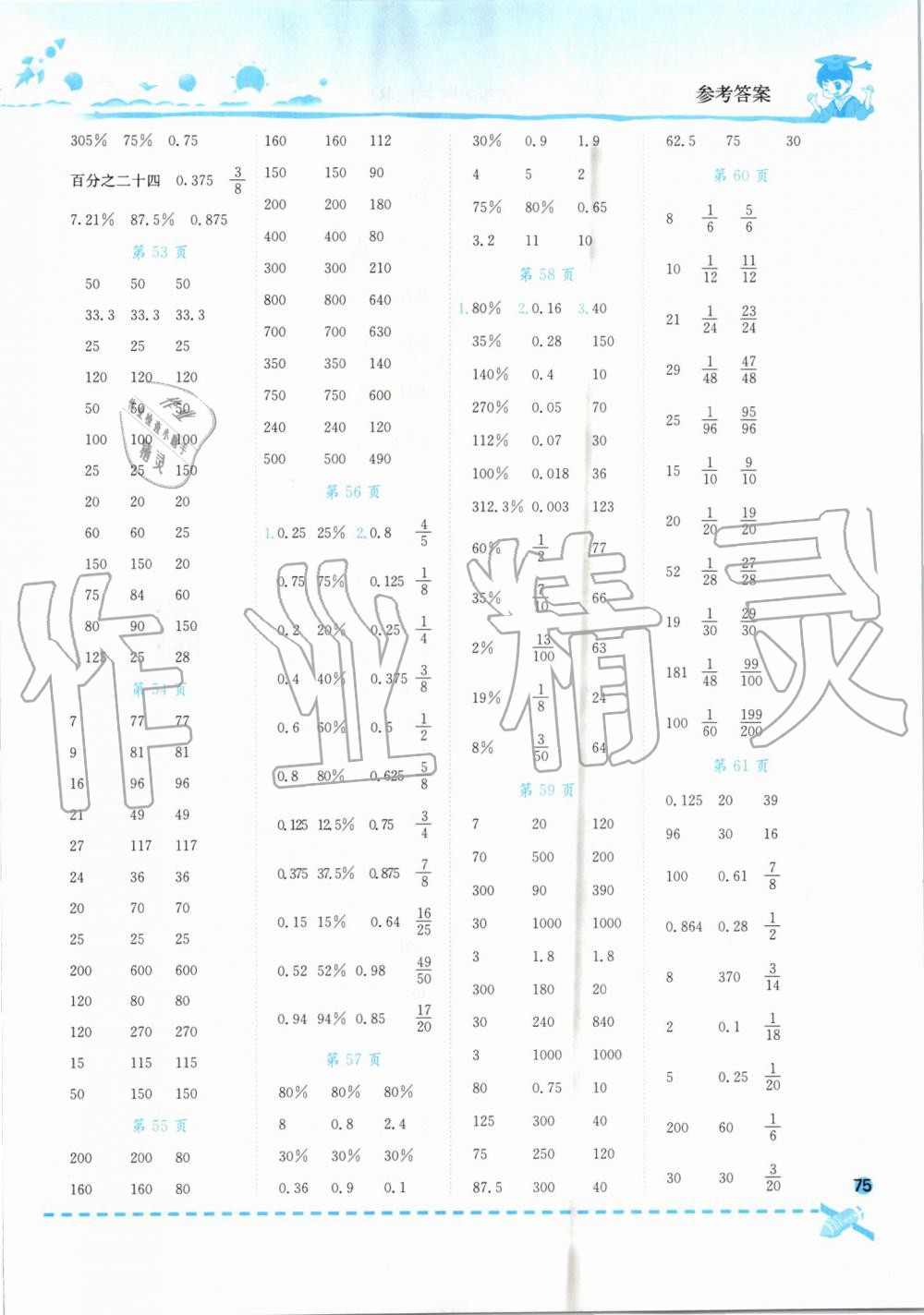 2019年黄冈小状元口算速算练习册六年级数学上册人教版 参考答案第7页