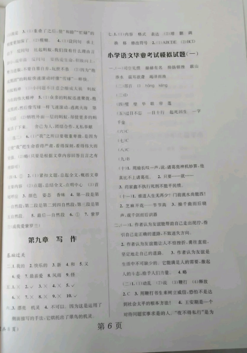 2019年小学毕业综合复习六年级语文小升初用书人教版 参考答案第6页