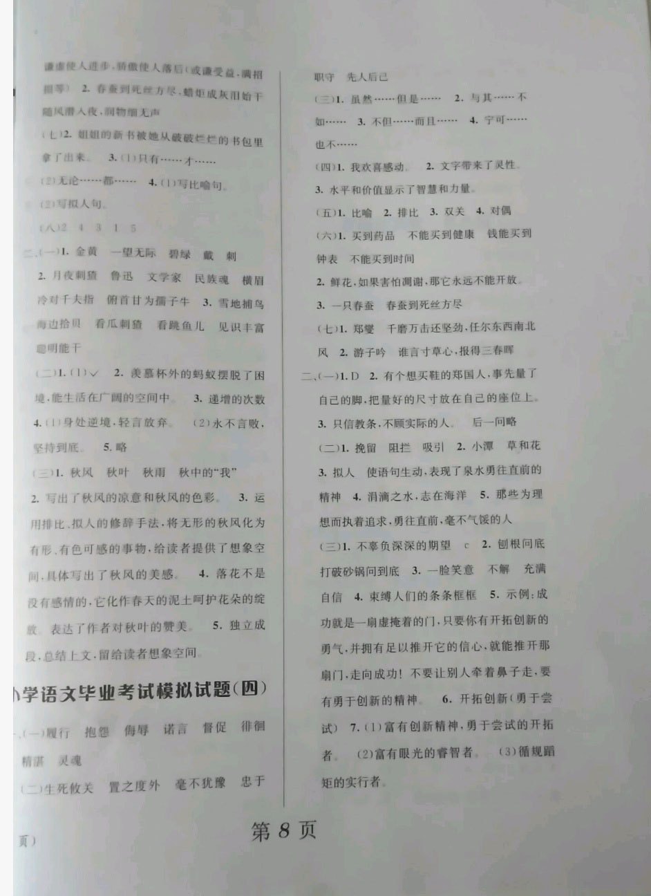 2019年小学毕业综合复习六年级语文小升初用书人教版 参考答案第8页