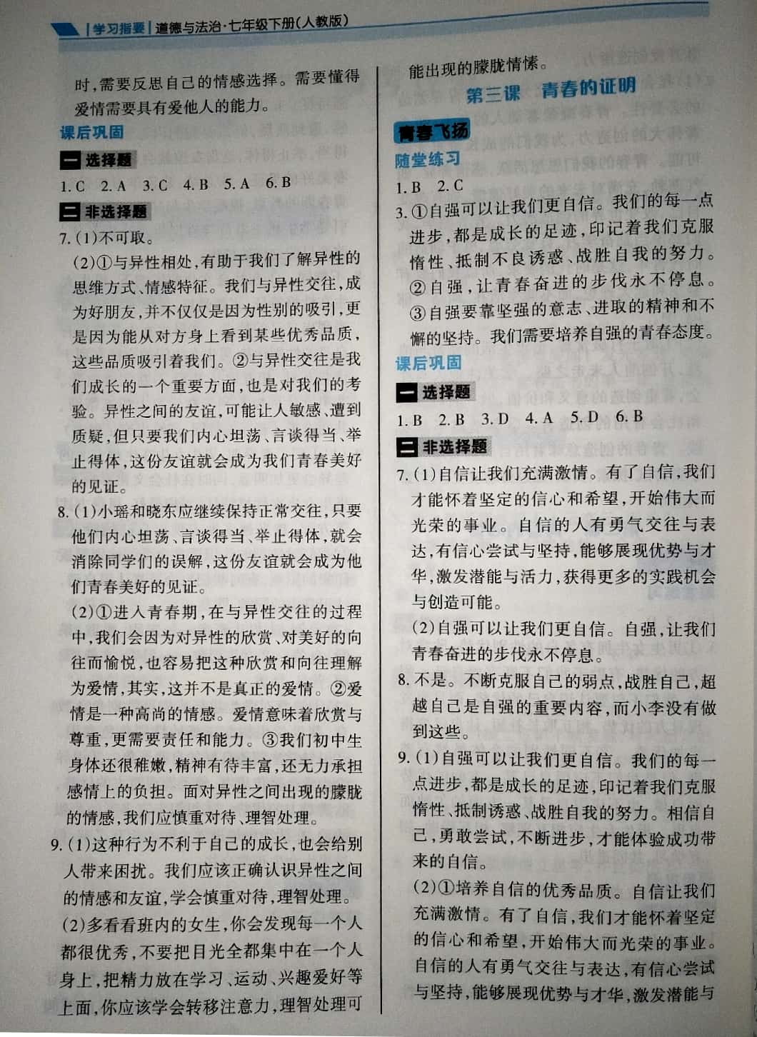 2019年學(xué)習(xí)指要七年級道德與法治下冊人教版 參考答案第3頁