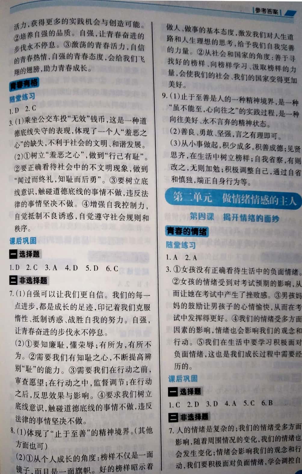 2019年學(xué)習(xí)指要七年級道德與法治下冊人教版 參考答案第4頁