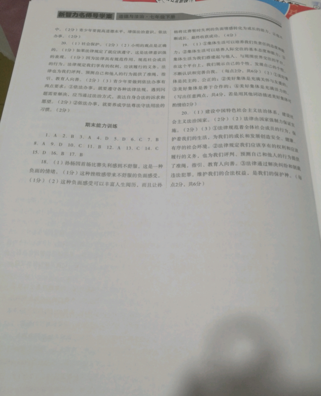 2019年新智力名師導(dǎo)學(xué)案七年級道德與法治下冊 參考答案第9頁