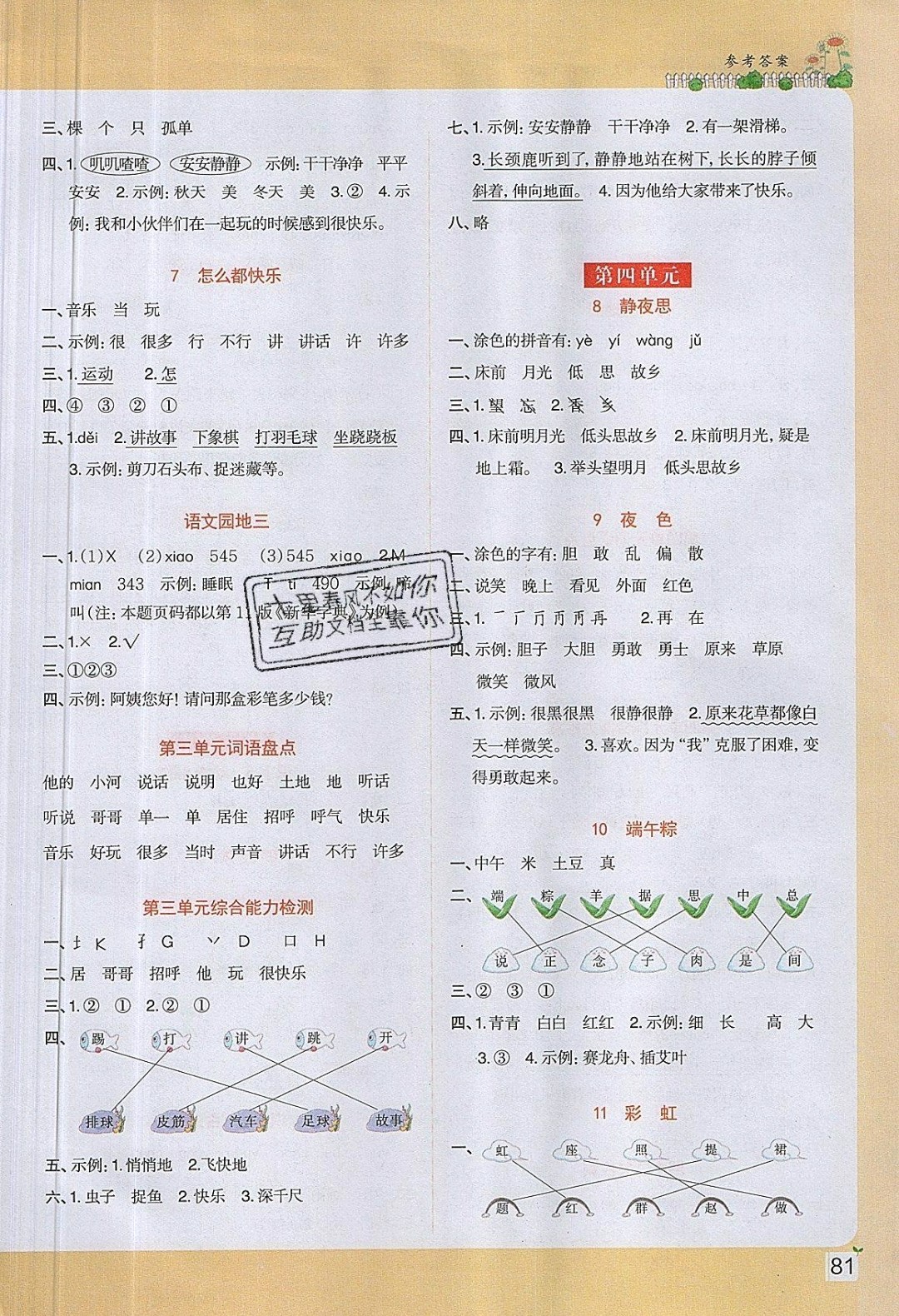 2019年陽光同學(xué)課時優(yōu)化作業(yè)一年級語文下冊人教版 參考答案第3頁