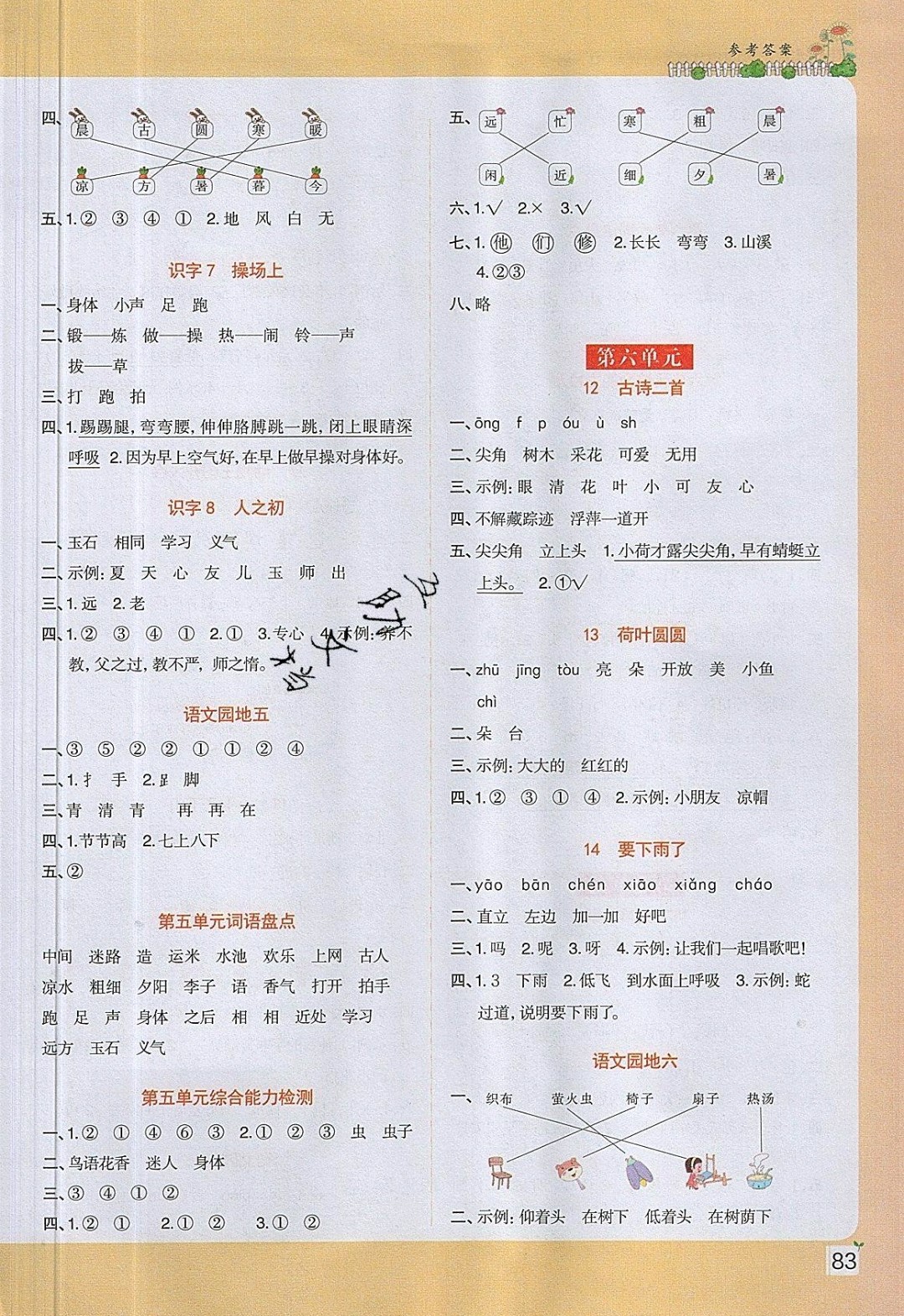 2019年陽光同學(xué)課時優(yōu)化作業(yè)一年級語文下冊人教版 參考答案第5頁