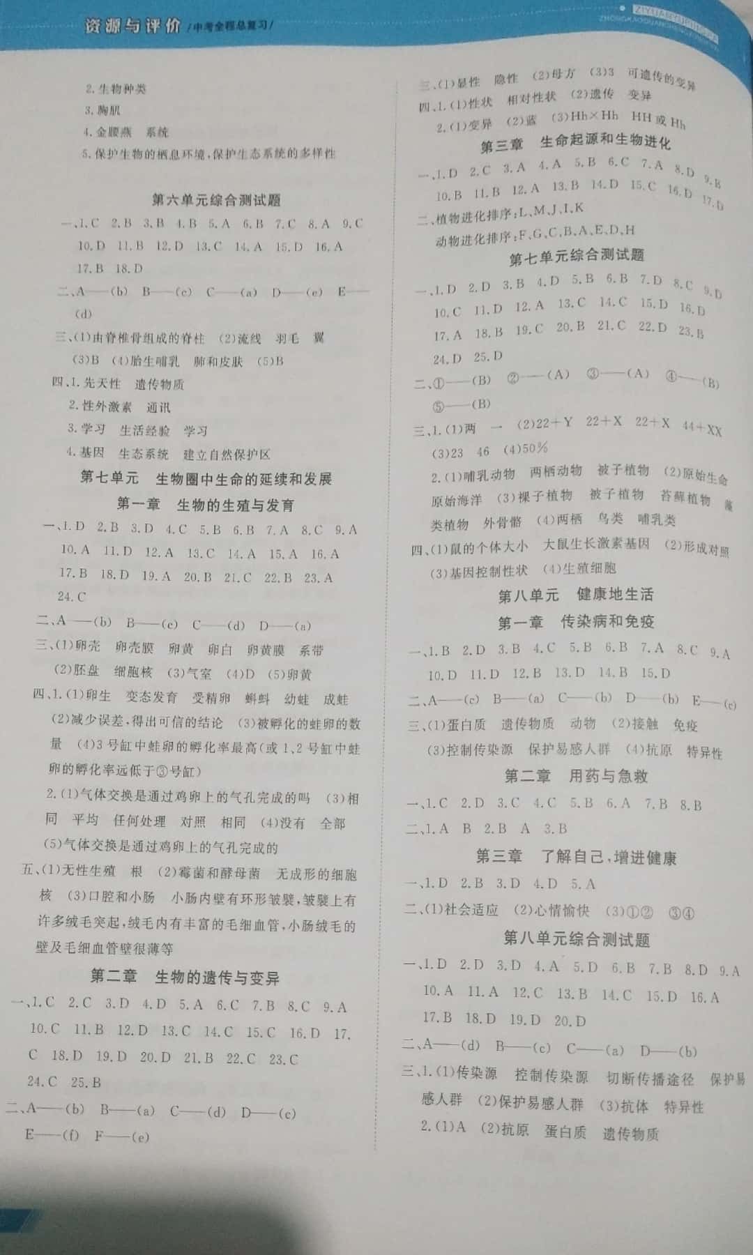 2019年資源與評價(jià)中考全程總復(fù)習(xí)九年級生物中考用書 參考答案第5頁