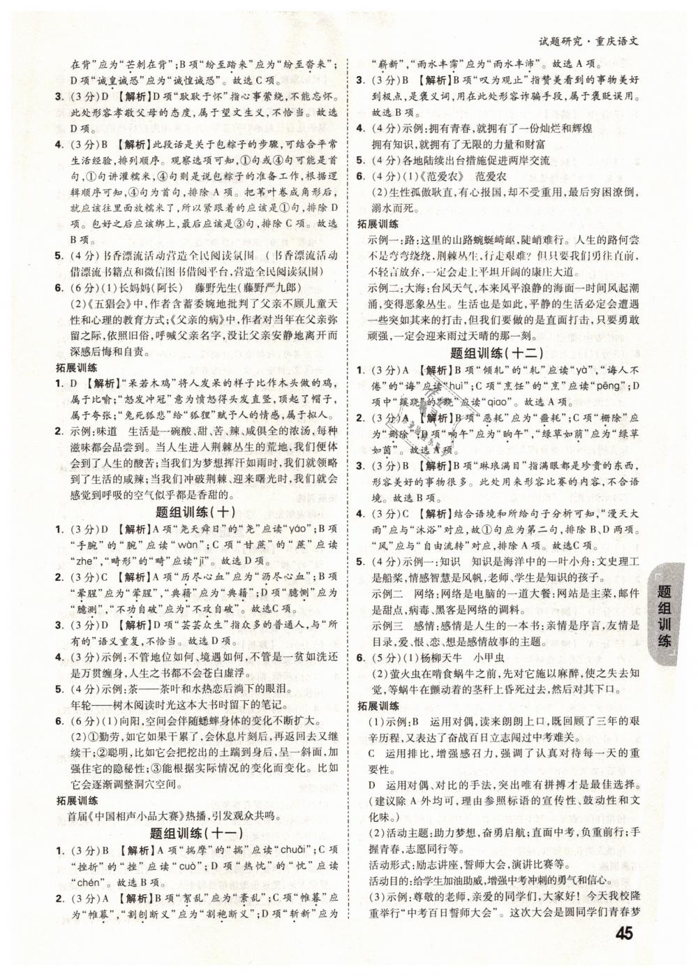 2019年万唯教育中考试题研究九年级语文中考用书重庆专版 参考答案第45页