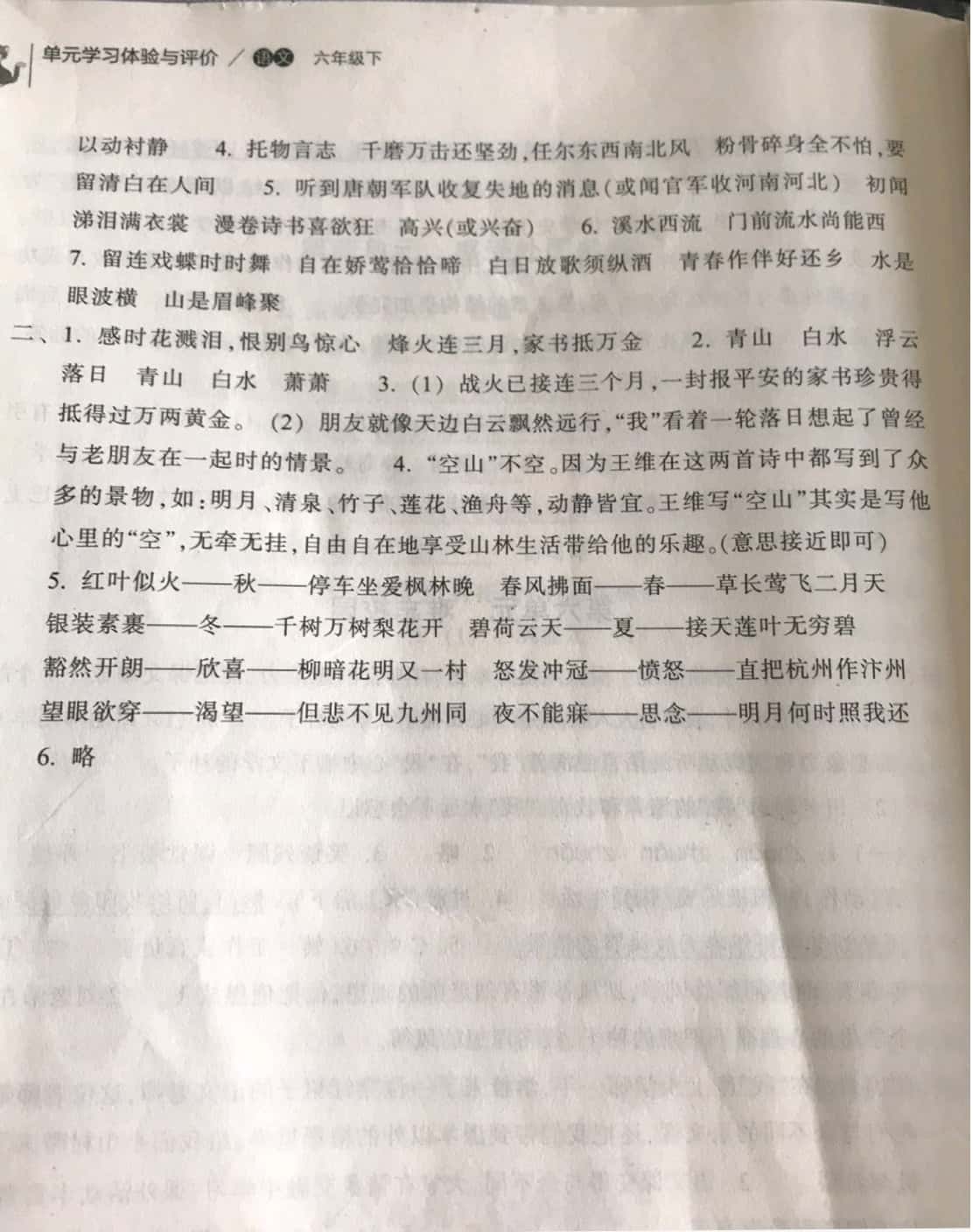 2019年单元学习体验与评价六年级语文下册人教版 参考答案第5页