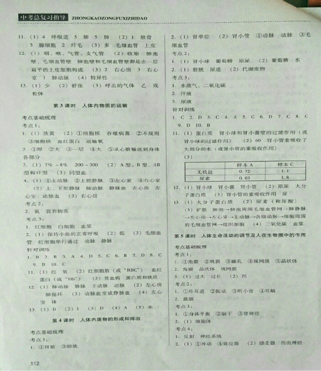 2019年中考總復(fù)習(xí)指導(dǎo)九年級(jí)生物中考用書 參考答案第4頁