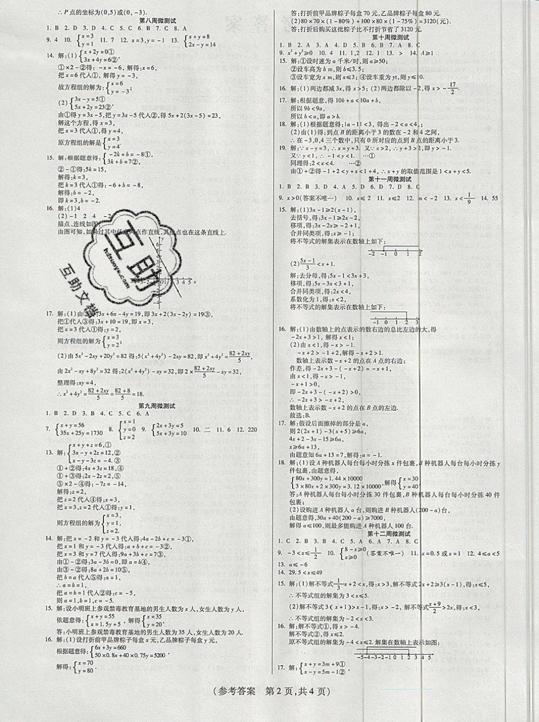 2019年扬帆文化100分培优智能优选卷七年级数学下册人教版 参考答案第4页