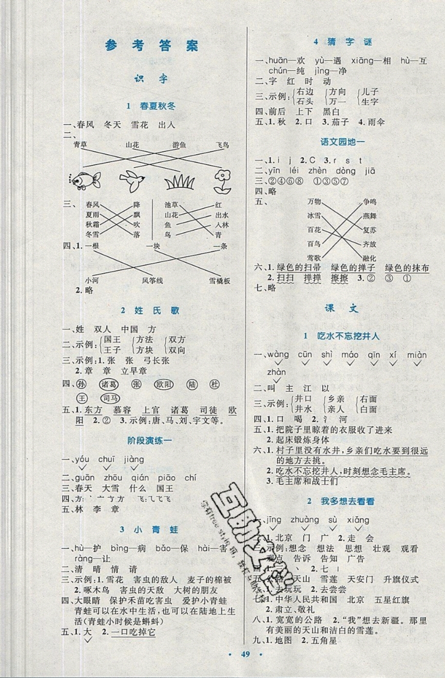 2019年同步测控优化设计一年级语文下册人教版增强版 参考答案第1页