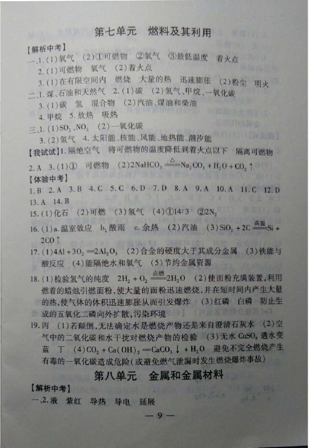 2019年中考突破九年級(jí)化學(xué) 參考答案第9頁(yè)