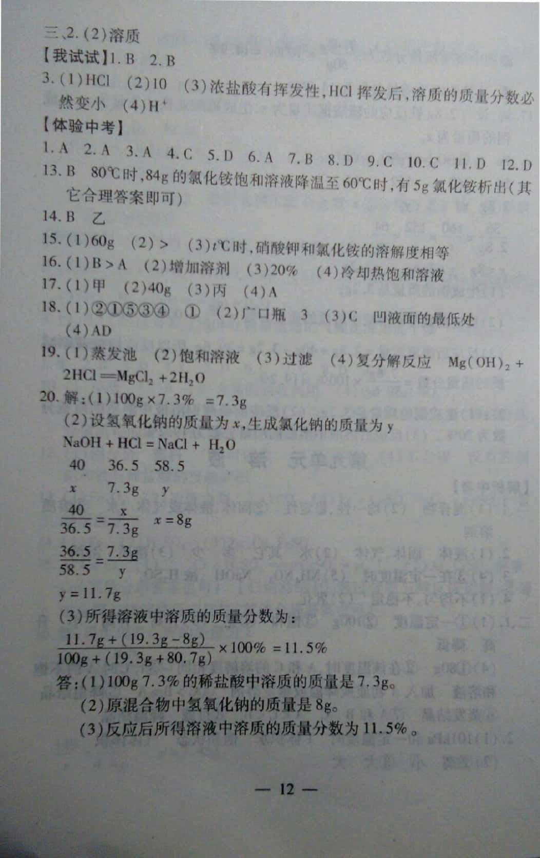 2019年中考突破九年級化學 參考答案第12頁
