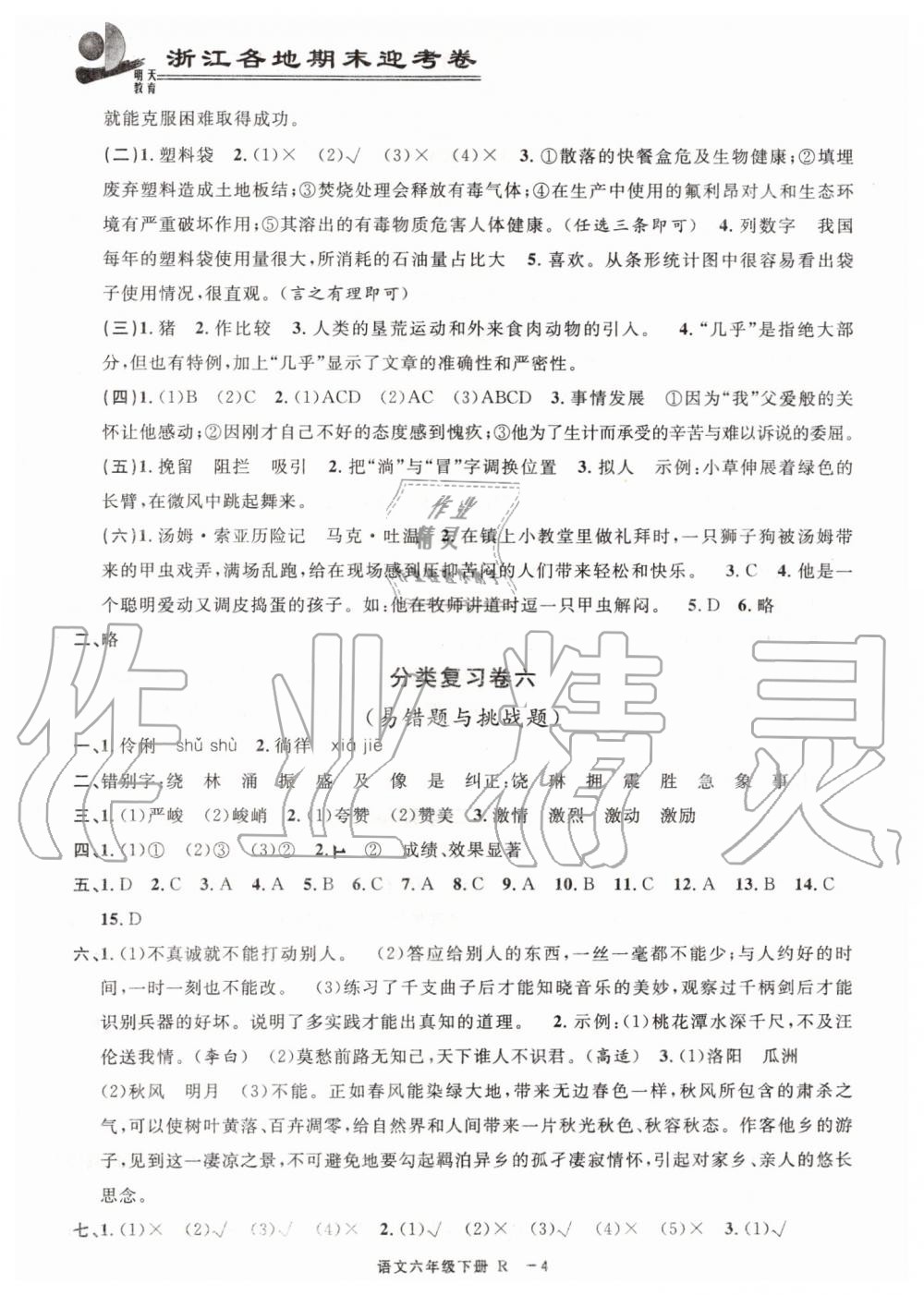 2019年浙江各地期末迎考卷六年級語文下冊人教版 參考答案第4頁