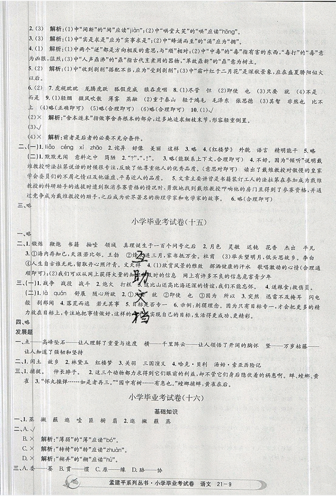 2019年孟建平小學(xué)語(yǔ)文畢業(yè)考試卷六年級(jí)下冊(cè) 參考答案第9頁(yè)