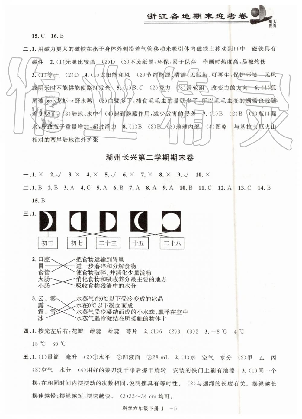 2019年浙江各地期末迎考卷六年級(jí)科學(xué)下冊(cè)教科版 參考答案第5頁