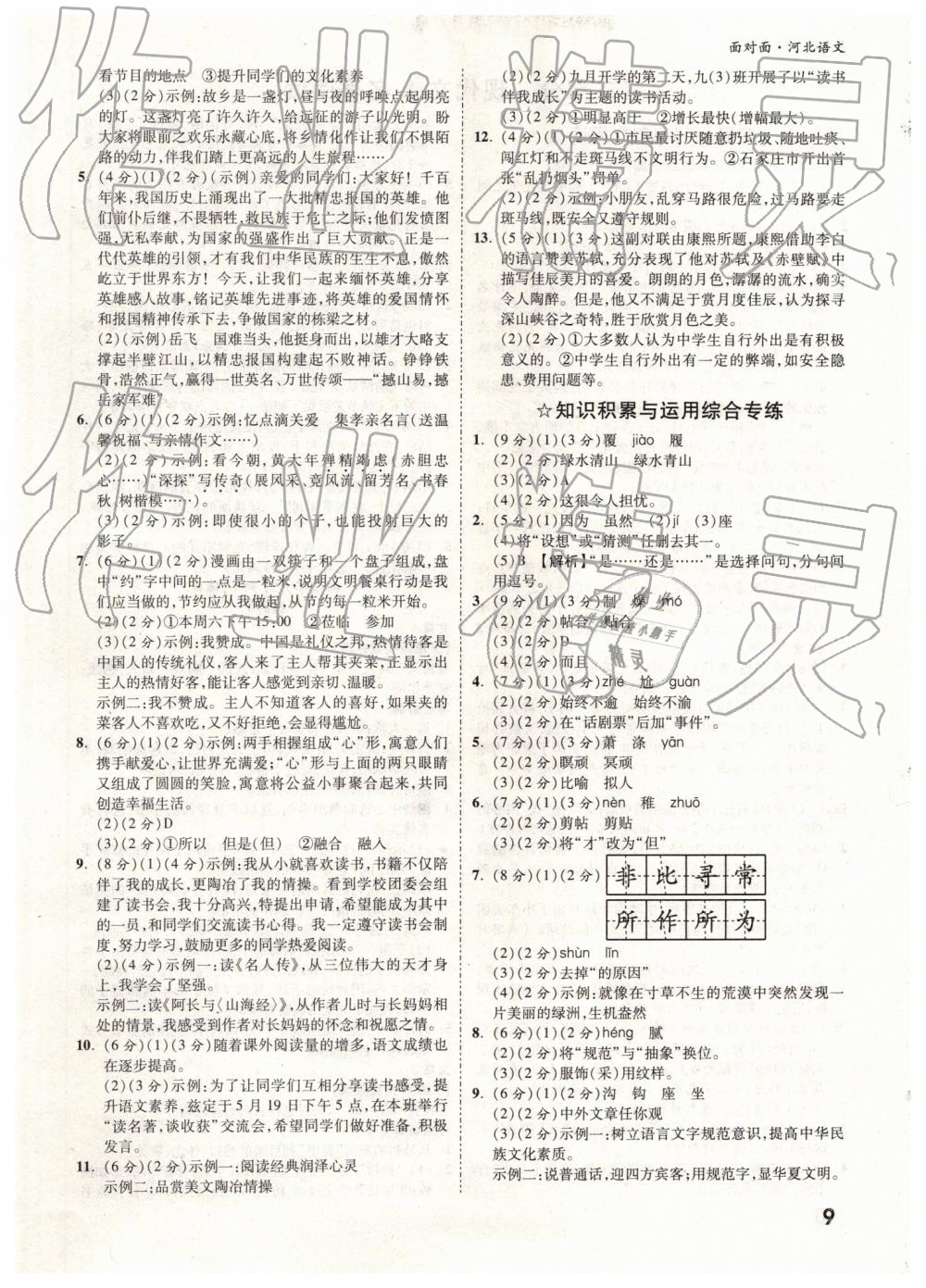 2019年河北中考面對(duì)面語(yǔ)文 參考答案第9頁(yè)