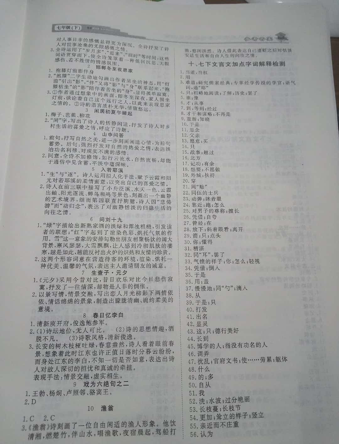 2019年課內(nèi)外古詩文與名著考點(diǎn)特訓(xùn)七年級 參考答案第9頁