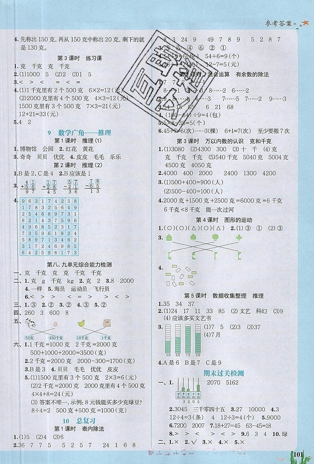 2019年阳光同学课时优化作业二年级数学下册人教版 参考答案第7页